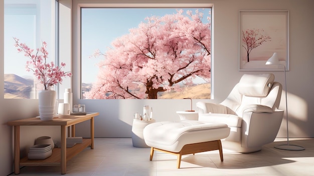 Foto spa-salonraum, holzmöbel und pflanzen, ruhige atmosphäre, helle entspannung mit weißem stuhl