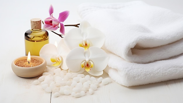 Spa-Schönheitsbehandlung und Wellness-Hintergrund mit Massagestein-Orchideenblüten, Handtüchern und Brennen