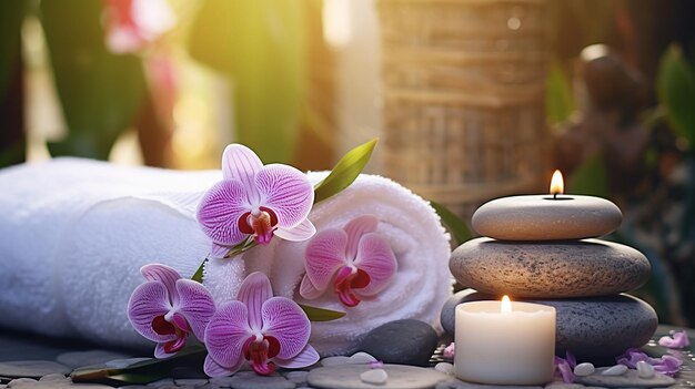 Foto spa-schönheitsbehandlung und wellness-hintergrund mit massagestein-orchideenblüten-handtüchern