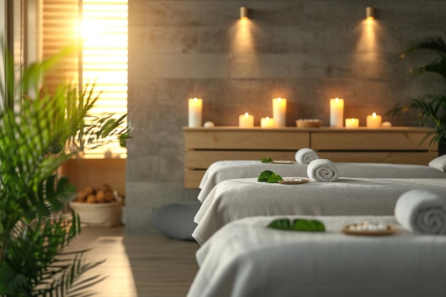 Foto spa sereno com mesas de massagem e decoração tranquila