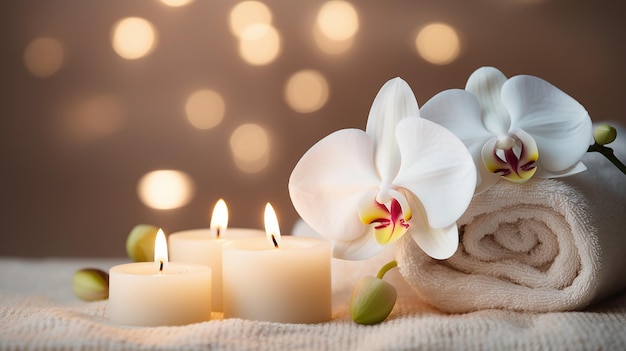 Spa-Stillleben mit aromatischen Kerzen, Orchideenblumen und Handtuch