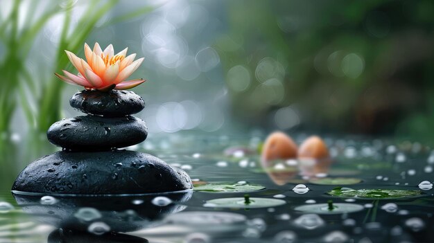 Foto spa-stillleben mit wasserlilie und zen-stein in einem gelassenheitspool