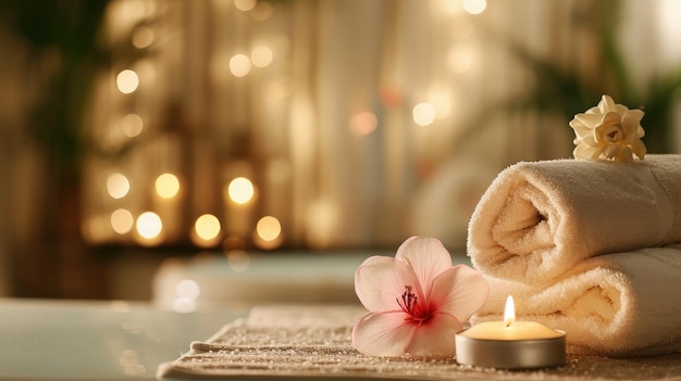 Foto spa suministra velas encendidas y flores sobre la mesa en el espacio del salón de belleza para texto