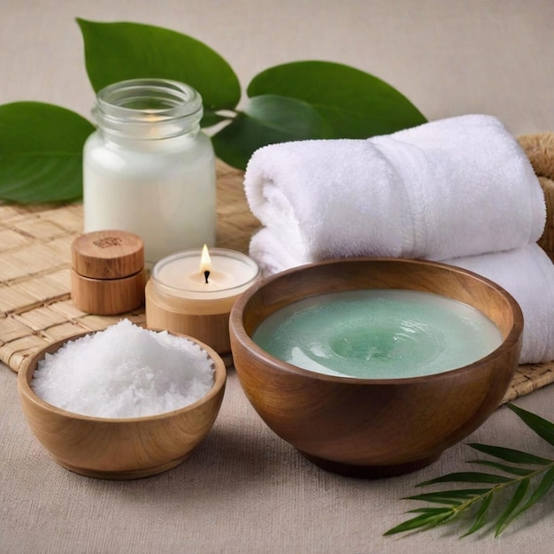 Spa y wellness con velas de sal marina, toalla y hojas verdes.