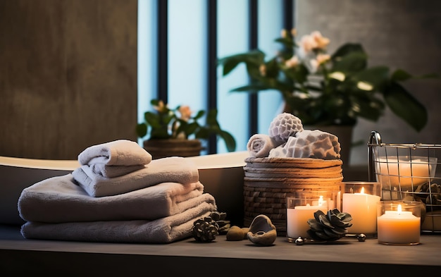 Spa-Zubehör-Komposition-Set Schönheits- und Wellnesszentrum Spa-Produkt ist im Spa-Resort-Zimmer bereit