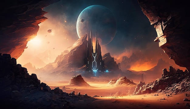 Space Ancient Alien War City in einem warmen Tal Kometen fallen Generative KI