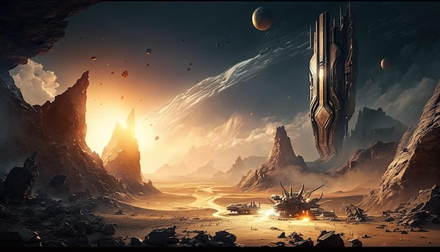 Foto space ancient alien war city in einem warmen tal kometen fallen generative ki