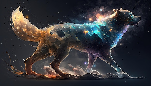 Space Dog im Weltraum Gottähnliche Kreatur kosmische Ehrfurcht inspirierende verträumte digitale Illustration Generative ai