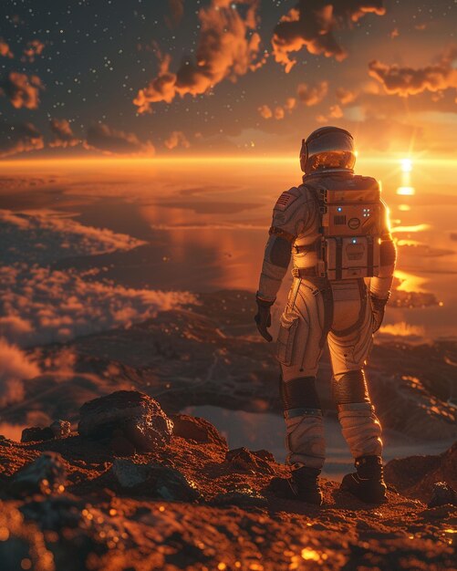 Space Explorer Uniform Terraformer Erforschung eines unfruchtbaren Planeten zur Kolonisierung Sternennachthimmel 3D-Rendering Golden Hour Fisheye-Effekt