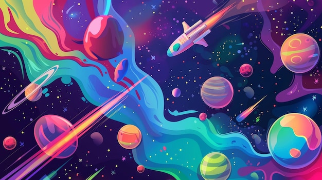 Space fest desenho animado web banner convite para um show de música com apresentação de DJ Shuttle e estação alienígena na galáxia com planetas Universo fantasia fundo ilustração moderna