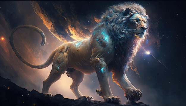 Space Lion im Weltraum Gottähnliche Kreatur kosmische Ehrfurcht inspirierende verträumte digitale Illustration Generative ai