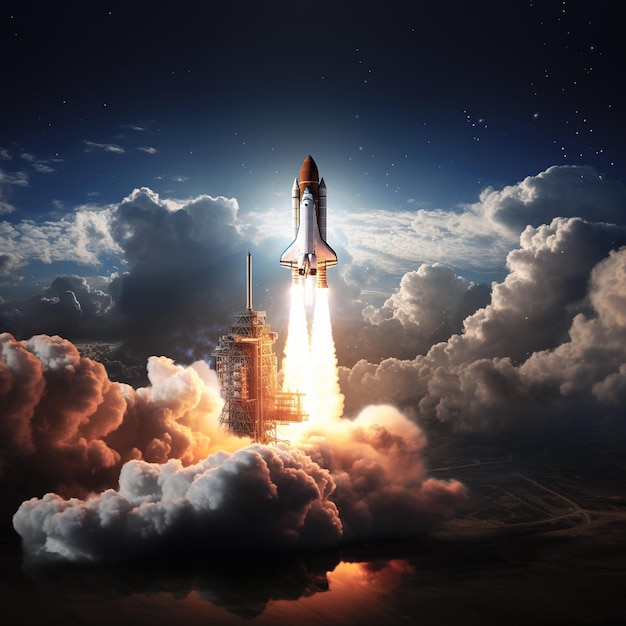 Space Shuttle-Rakete startet am Himmel und Wolken fliegen in den Weltraum Himmel und wolken Raumschiff fliegt