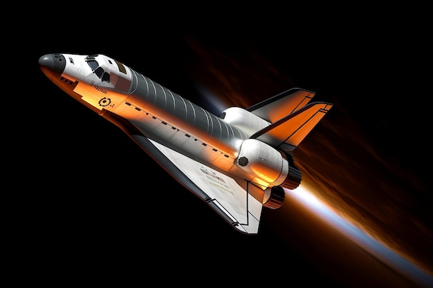 Space-Shuttle-Schiff mit brennender Rakete, die durch den Weltraum fliegt