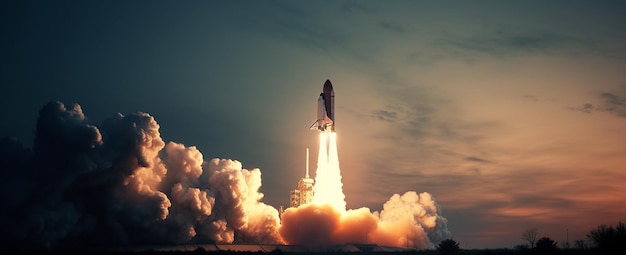 Foto space shuttle startet mit einem wolkenverhangenen himmel dahinter