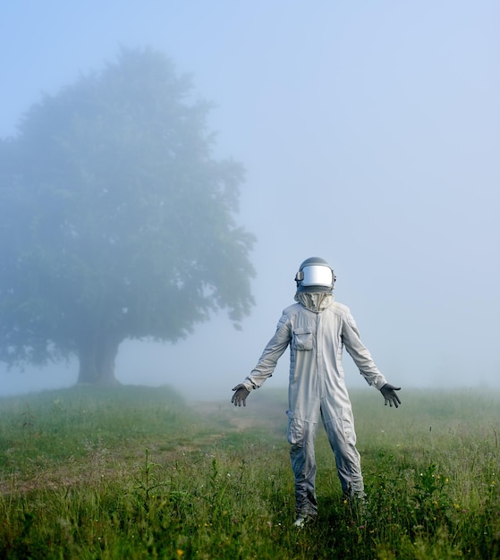 Spaceman y un gran árbol viejo en un prado de niebla verde