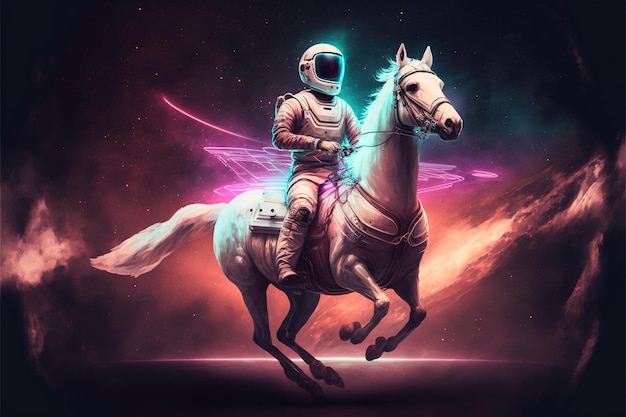 Spaceman no cavalo Conceito Scifi do astronauta com asas montando um cavalo em fundo escuro Pintura de ilustração de estilo de arte digital