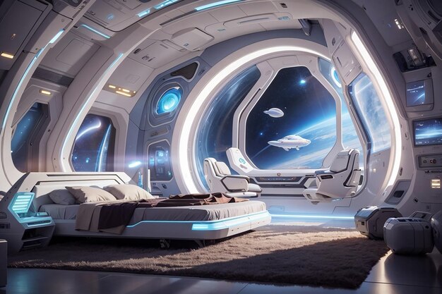 Spaceport Slumber Un dormitorio futurista en un centro de viajes galáctico
