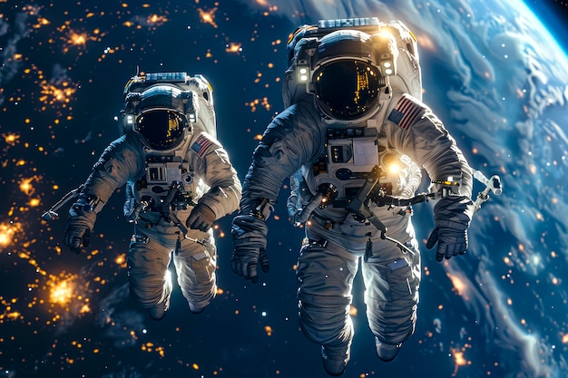 Spacewalk Serenity Astronautas reparando a estação com a Terra como pano de fundo