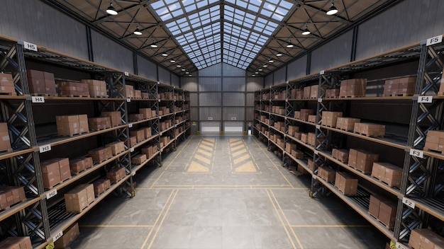 spacious warehouse features tall metal shelves filled with neatly stacked boxes natural light streams through the skylights enhancing the orderly layout and providing a bright atmosphere 3d render