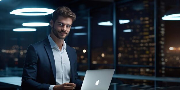 Spät in der Nacht arbeitet ein männlicher Geschäftsmann im Privatbüro