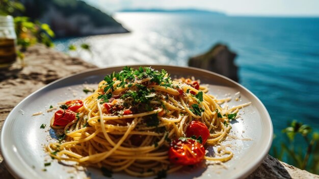 Foto spaghetti aglio olio em frente a uma praia mediterrânea