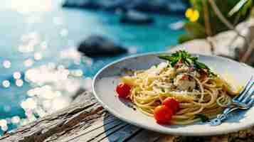 Foto spaghetti aglio olio em frente a uma praia mediterrânea