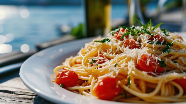 Foto spaghetti aglio olio em frente a uma praia mediterrânea