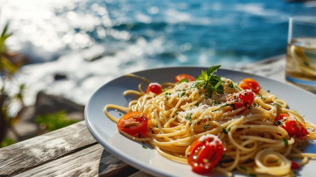 Foto spaghetti aglio olio em frente a uma praia mediterrânea