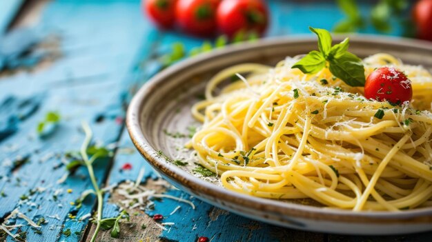 Spaghetti Aglio Olio em frente a uma praia mediterrânea