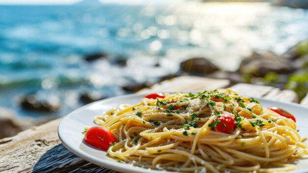 Spaghetti Aglio Olio em frente a uma praia mediterrânea