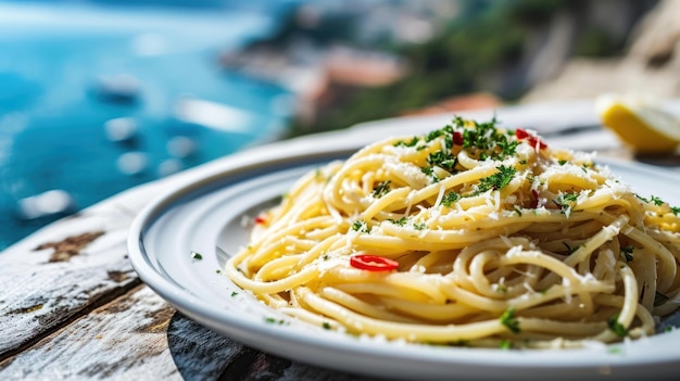 Foto spaghetti aglio olio em frente a uma praia mediterrânea