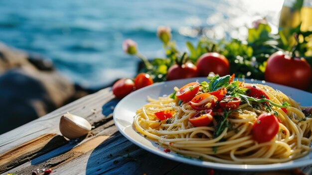 Foto spaghetti aglio olio em frente a uma praia mediterrânea