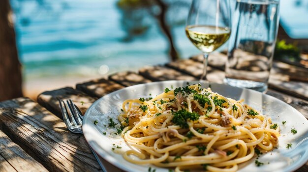 Foto spaghetti aglio olio em frente a uma praia mediterrânea