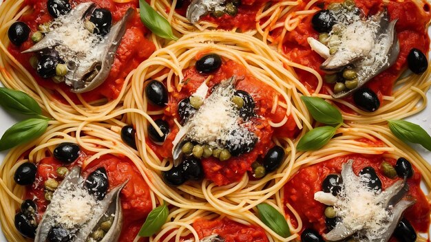 Foto spaghetti alla puttanesca prato de massa italiano com tomates, azeitonas pretas, alcaparras, anchovas e b