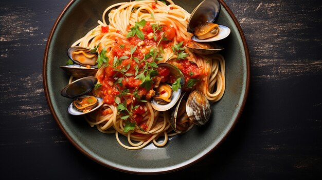 Spaghetti alle Vongole mit Tomaten in Meeresfrüchtejus serviert als Nahaufnahme