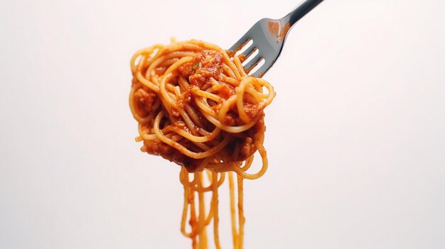 Spaghetti auf Gabel auf weißem Hintergrund