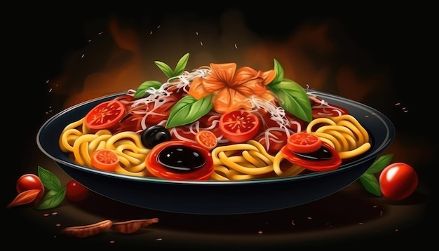 Spaghetti auf schwarzem Teller, dunkler Hintergrund Illustration Generative KI