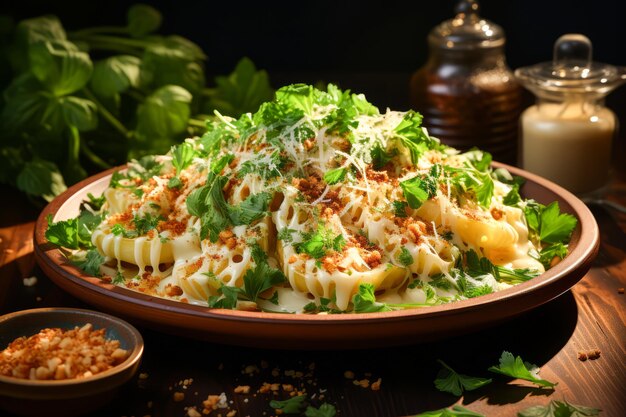 Foto spaghetti bolognese auf dem teller mit frischem grün auf dem tisch italienisches essen