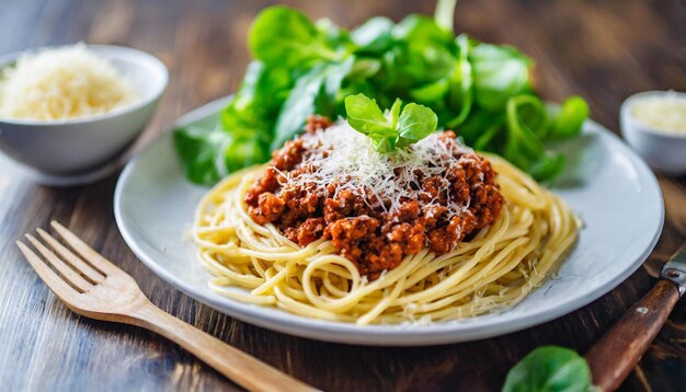 Spaghetti Bolognese mit geriebenem Parmesan, serviert neben einem lebendigen grünen Salat auf einem rustikalen