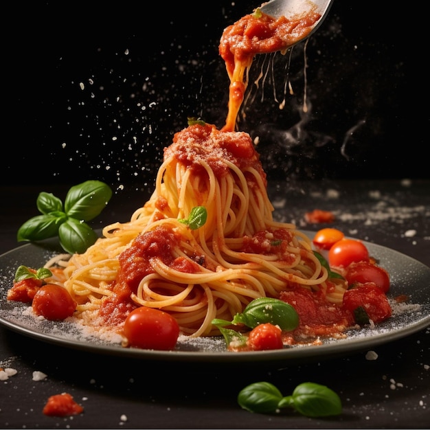 Spaghetti Bolognese mit Tomatensauce und Basilikum auf schwarzem Hintergrund