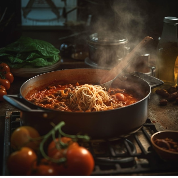 Foto spaghetti bolognese mit tomatensauce und basilikumblatt