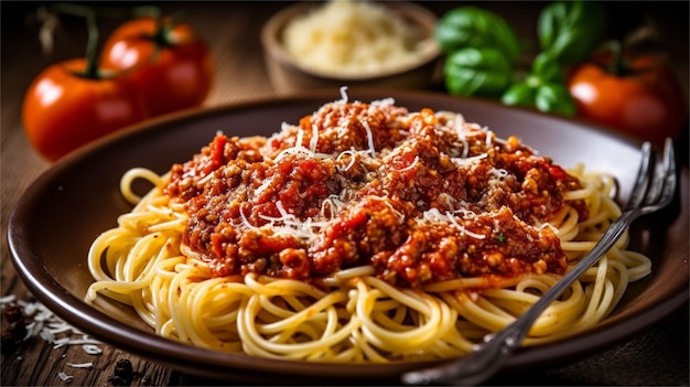 Spaghetti-Bolognese-Sauce mit Parmesan-Käse und Basilikum