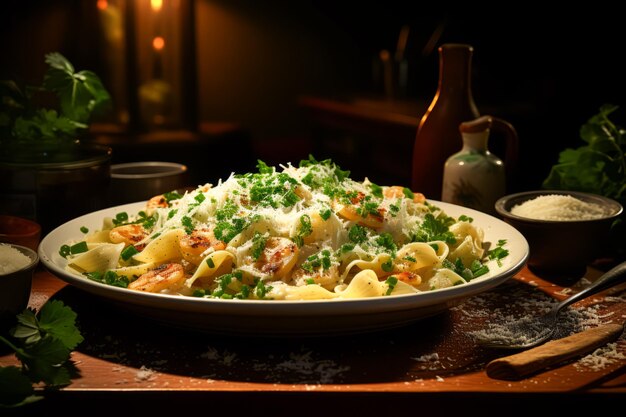 Spaghetti Carbonara auf dem Teller mit frischem Grün italienisches Essen