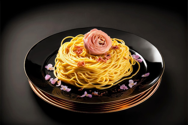Spaghetti Carbonara auf glänzender Rosenplatte auf schwarzem Hintergrund