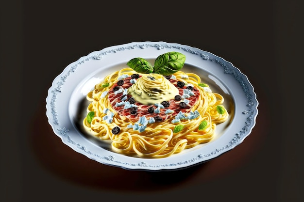 Spaghetti Carbonara auf weißem Teller mit Basilikum gemustert