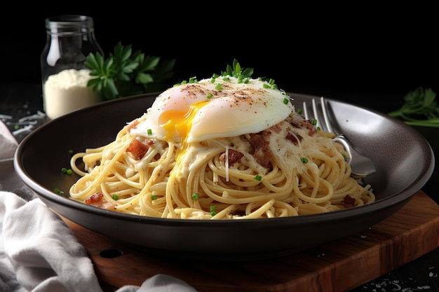 Spaghetti carbonara cubierto con huevo escalfado y queso parmesano creado con ai generativo