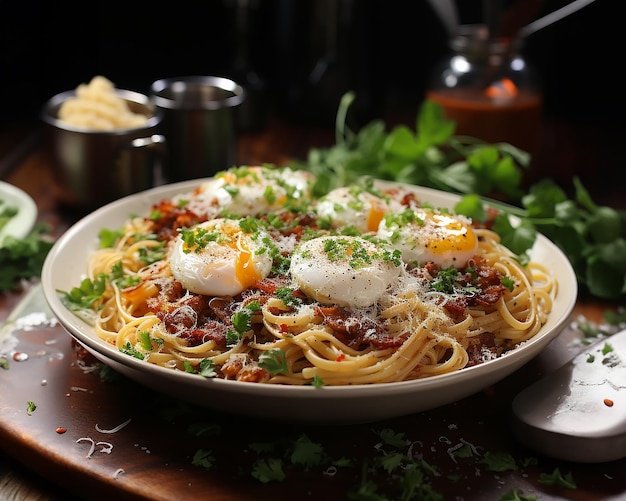 Spaghetti carbonara es un plato italiano elaborado con huevos de parmesano de mejilla de cerdo guanciale y espaguetis generados por IA