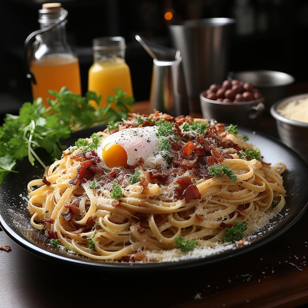 Spaghetti carbonara es un plato italiano elaborado con huevos de parmesano de mejilla de cerdo guanciale y espaguetis generados por IA