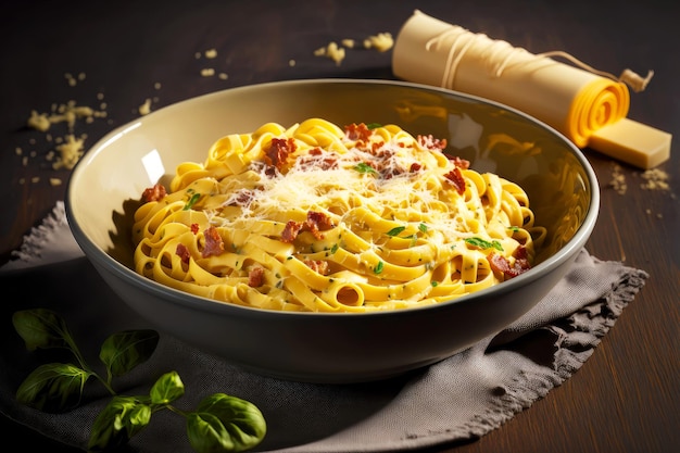Spaghetti Carbonara in dunkelbeiger Platte mit dunkler Serviette und Basilikum
