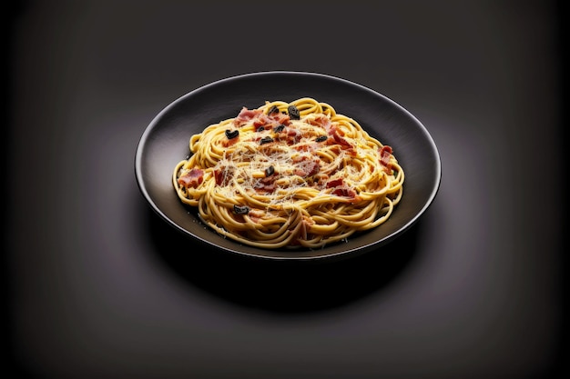 Spaghetti Carbonara in graubrauner Platte auf schwarzem Hintergrund